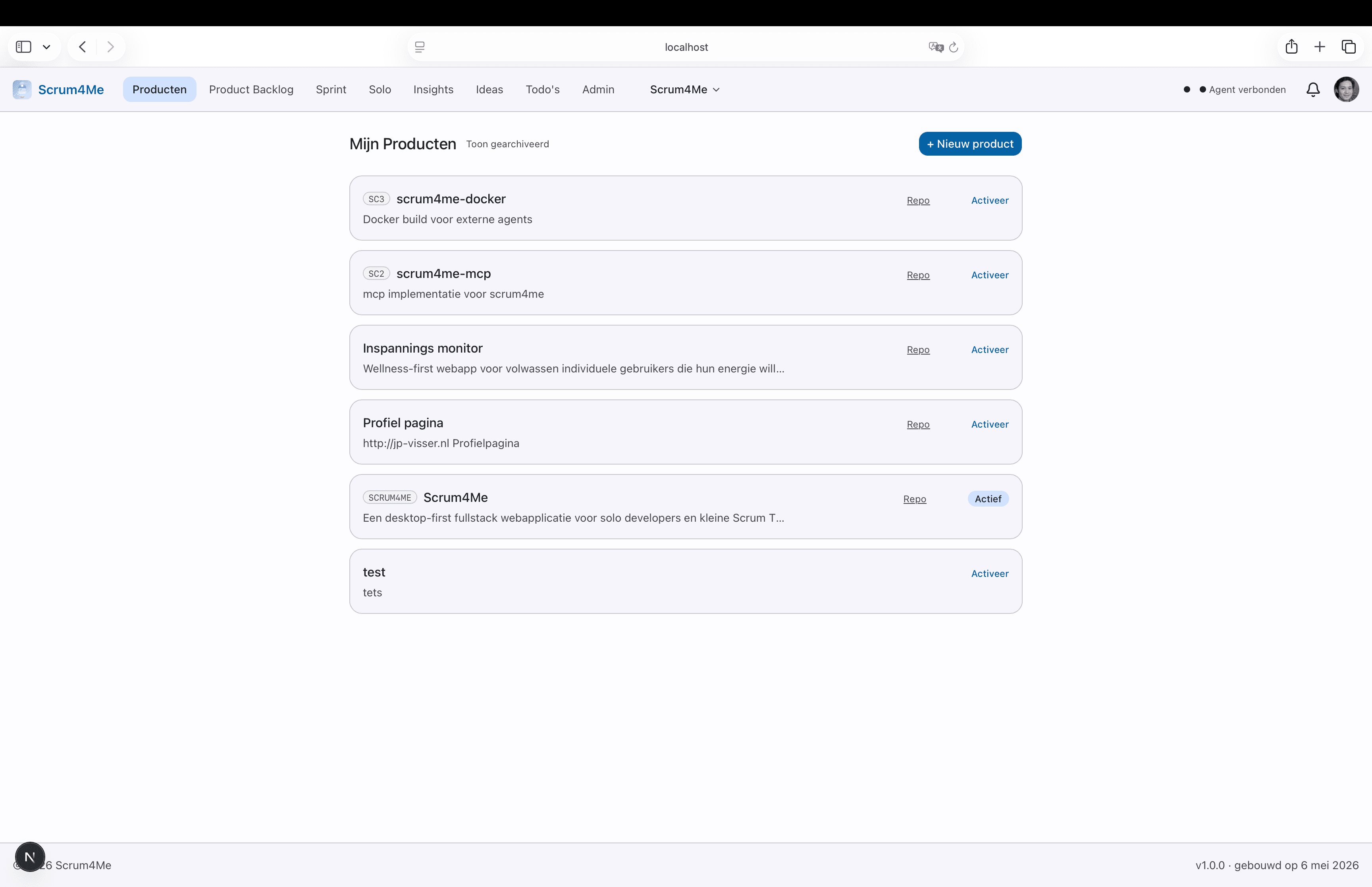 Producten-dashboard met overzicht van actieve projecten